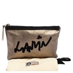 Pre Owned Lanvin Metallic Olive Leather Logo Patch Pouch