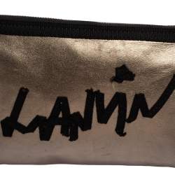 Pre Owned Lanvin Metallic Olive Leather Logo Patch Pouch