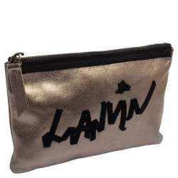 Pre Owned Lanvin Metallic Olive Leather Logo Patch Pouch