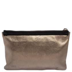 Pre Owned Lanvin Metallic Olive Leather Logo Patch Pouch