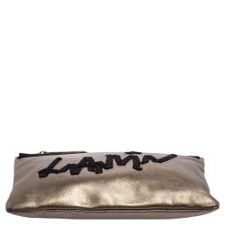 Pre Owned Lanvin Metallic Olive Leather Logo Patch Pouch