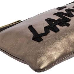 Pre Owned Lanvin Metallic Olive Leather Logo Patch Pouch