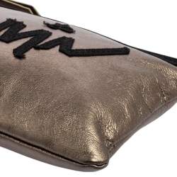 Pre Owned Lanvin Metallic Olive Leather Logo Patch Pouch