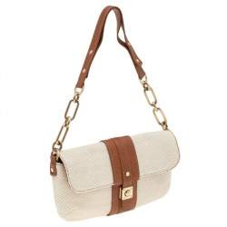 Pre Owned Lanvin Cream/Brown Raffia and Leather Baguette Bag