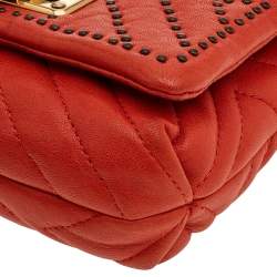 Pre Owned Lanvin Orange Studded Leather Happy Classic Flap Shoulder Bag