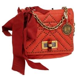 Pre Owned Lanvin Orange Studded Leather Happy Classic Flap Shoulder Bag