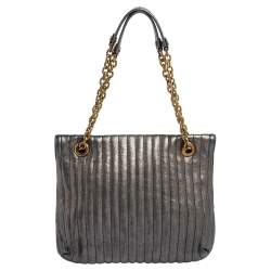 Pre Owned Lanvin Metallic Grey Quilted Leather Happy Shoulder Bag