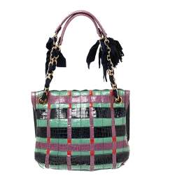 Pre Owned Lanvin Multicolor Croc Embossed Patent Leather Happy Shoulder Bag