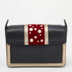 Pre Owned Lanvin Multicolor Leather and Velvet Small Pearl Embellished Jiji Shoulder Bag