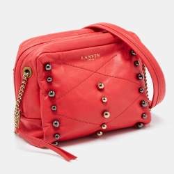 Lanvin Coral Red Leather Sugar Studded Shoulder Bag