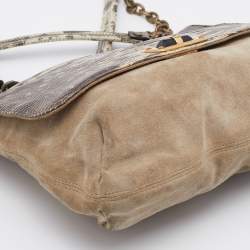 Pre Owned Lanvin Beige/Black Lizard Embossed Leather and Suede Happy Shoulder Bag