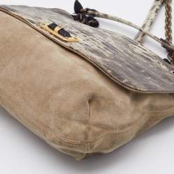 Pre Owned Lanvin Beige/Black Lizard Embossed Leather and Suede Happy Shoulder Bag