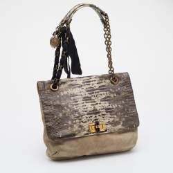 Pre Owned Lanvin Beige/Black Lizard Embossed Leather and Suede Happy Shoulder Bag