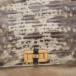 Pre Owned Lanvin Beige/Black Lizard Embossed Leather and Suede Happy Shoulder Bag