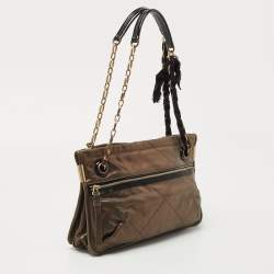 Pre Owned Lanvin Olive Green Shimmer Suede and Patent Leather Amalia Shoulder Bag