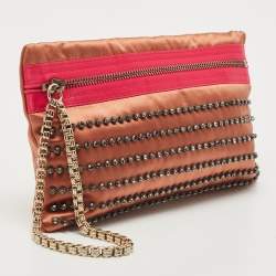 Pre Owned Lanvin Brown/Pink Satin Crystal Embellished Chain Clutch
