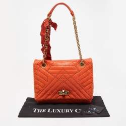 Pre Owned Lanvin Orange Quilted Studded Leather Happy Flap Shoulder Bag