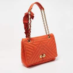 Pre Owned Lanvin Orange Quilted Studded Leather Happy Flap Shoulder Bag