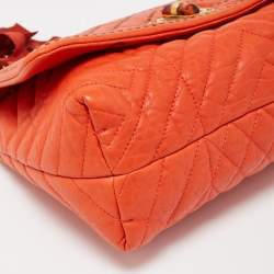 Pre Owned Lanvin Orange Quilted Studded Leather Happy Flap Shoulder Bag