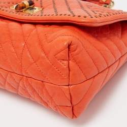 Pre Owned Lanvin Orange Quilted Studded Leather Happy Flap Shoulder Bag