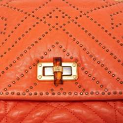 Pre Owned Lanvin Orange Quilted Studded Leather Happy Flap Shoulder Bag