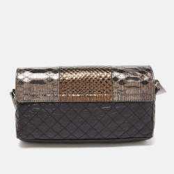 Pre Owned Lanvin Black/Gold Quilted Leather and Python Embossed Leather Flap Crossbody Bag