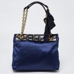 Pre Owned Lanvin Navy Blue/Black Satin and Leather Crystals Embellished Happy Shoulder Bag
