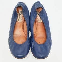 Lanvin Navy Blue Leather Scrunch Ballet Flats Size 38