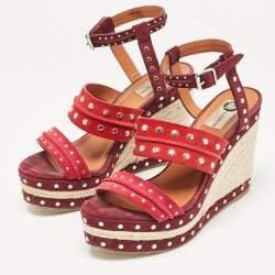 Pre Owned Lanvin Multicolor Suede Studded Wedge Ankle Strap Sandals Size 41