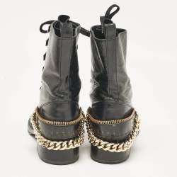 Pre Owned Lanvin Black Leather Chain Detail Lace Up Ankle Length Boots Size 40