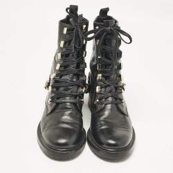 Pre Owned Lanvin Black Leather Chain Detail Lace Up Ankle Length Boots Size 40