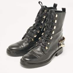 Pre Owned Lanvin Black Leather Chain Detail Lace Up Ankle Length Boots Size 40