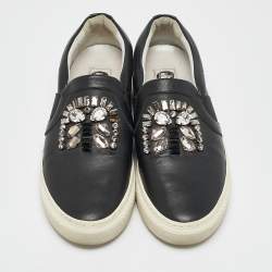 Pre Owned Lanvin Black Leather Crystal Embellished Lace Up Sneakers Size 38