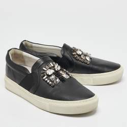 Pre Owned Lanvin Black Leather Crystal Embellished Lace Up Sneakers Size 38