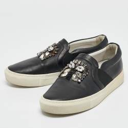 Pre Owned Lanvin Black Leather Crystal Embellished Lace Up Sneakers Size 38