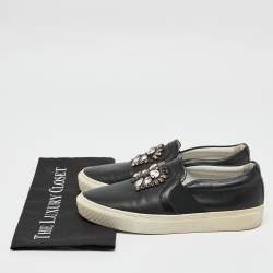 Pre Owned Lanvin Black Leather Crystal Embellished Lace Up Sneakers Size 38