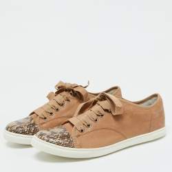 Lanvin Brown Leather and Snakeskin Cap Toe Low Top Sneakers Size 39