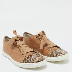 Lanvin Brown Leather and Snakeskin Cap Toe Low Top Sneakers Size 39