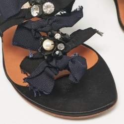 Lanvin Black Satin Crystals Embellished Flat Sandals Size 37