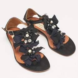 Lanvin Black Satin Crystals Embellished Flat Sandals Size 37