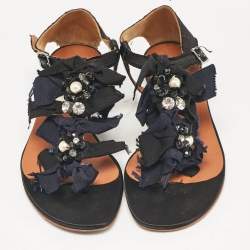 Lanvin Black Satin Crystals Embellished Flat Sandals Size 37