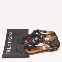 Lanvin Black Satin Crystals Embellished Flat Sandals Size 37