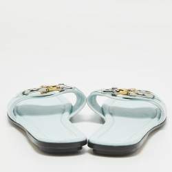 Lanvin Blue Leather Embellished Flat Slides Size 38