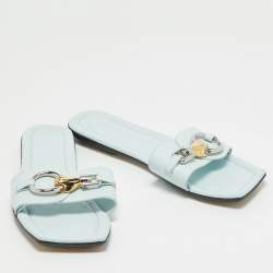 Lanvin Blue Leather Embellished Flat Slides Size 38