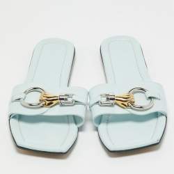 Lanvin Blue Leather Embellished Flat Slides Size 38