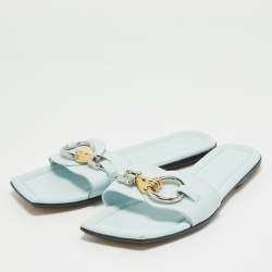 Lanvin Blue Leather Embellished Flat Slides Size 38