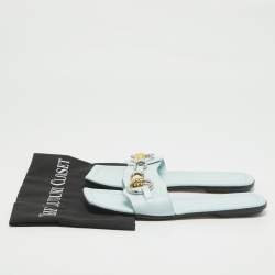 Lanvin Blue Leather Embellished Flat Slides Size 38