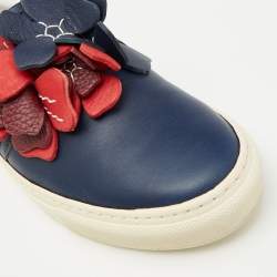 Pre Owned Lanvin Navy Blue Leather Flower Embellished Slip On Sneakers Size 37