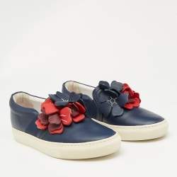 Pre Owned Lanvin Navy Blue Leather Flower Embellished Slip On Sneakers Size 37
