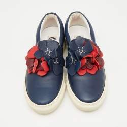 Pre Owned Lanvin Navy Blue Leather Flower Embellished Slip On Sneakers Size 37